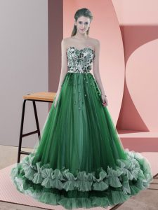 Dynamic Sleeveless Beading and Appliques Lace Up Dress for Prom with Green Sweep Train