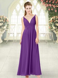 Shining Purple Sleeveless Ankle Length Ruching Zipper Homecoming Dress