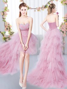 Pink Sleeveless Beading and Ruffles High Low Damas Dress