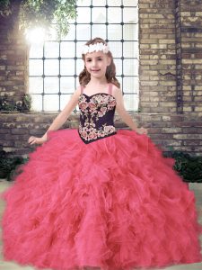 Latest Tulle Straps Sleeveless Lace Up Embroidery and Ruffles Little Girl Pageant Dress in Coral Red