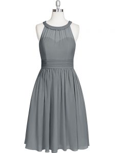 Grey Homecoming Dress Prom and Party and Military Ball with Ruching Halter Top Sleeveless Zipper