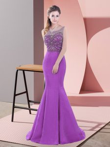Purple Sleeveless Beading and Lace Backless Evening Outfits