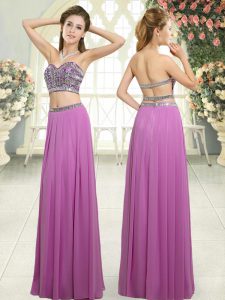 Low Price Lilac Two Pieces Chiffon Sweetheart Sleeveless Beading Floor Length Backless Juniors Evening Dress