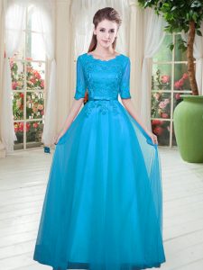 Edgy Blue Lace Up Scoop Lace Prom Dress Tulle Half Sleeves