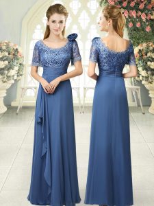 Flare Floor Length Column/Sheath Short Sleeves Blue Prom Evening Gown Zipper