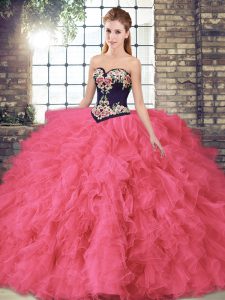 Free and Easy Sleeveless Tulle Floor Length Lace Up Ball Gown Prom Dress in Hot Pink with Beading and Embroidery