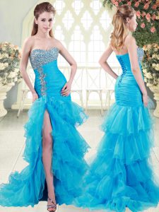 Aqua Blue Mermaid Sweetheart Sleeveless Organza Brush Train Lace Up Beading and Ruffled Layers Homecoming Dress