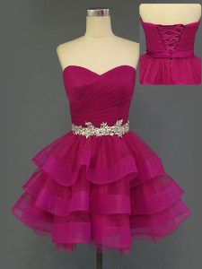 Mini Length Lace Up Dress for Prom Fuchsia for Prom and Party with Beading and Ruffled Layers and Ruching