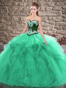 Sweetheart Sleeveless Quinceanera Dress Floor Length Beading and Embroidery Turquoise Tulle