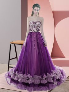 Flare Purple A-line Tulle Sweetheart Sleeveless Appliques Lace Up Sweep Train