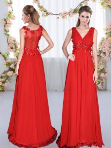 Decent Sleeveless Chiffon Floor Length Side Zipper Dama Dress in Red with Beading and Appliques