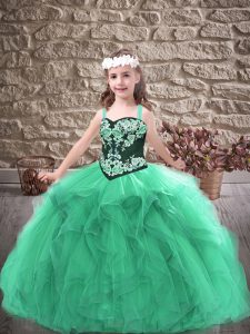 New Style Embroidery and Ruffles Kids Pageant Dress Turquoise Lace Up Sleeveless Floor Length