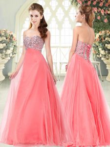 Watermelon Red Sweetheart Lace Up Beading Prom Party Dress Sleeveless