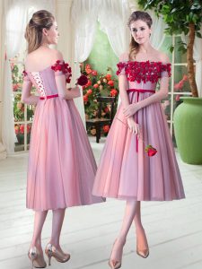 Luxurious Pink A-line Appliques Prom Dresses Lace Up Tulle Sleeveless Tea Length