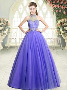 Lavender Tulle Zipper Halter Top Sleeveless Floor Length Prom Dress Beading