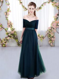 Cheap Short Sleeves Floor Length Ruching Lace Up Wedding Party Dress with Navy Blue