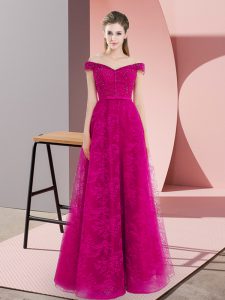 Fuchsia Off The Shoulder Lace Up Beading and Lace Homecoming Dress Sleeveless