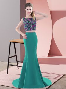 Custom Designed Beading Prom Gown Turquoise Backless Sleeveless Sweep Train