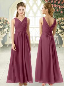 Burgundy Zipper V-neck Ruching Prom Dress Chiffon Sleeveless