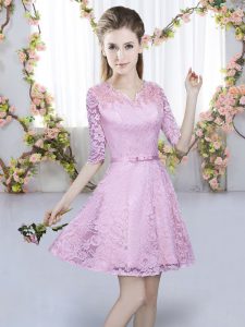 Dazzling Belt Bridesmaid Dresses Lilac Zipper Short Sleeves Mini Length