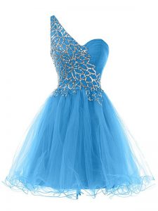Blue Lace Up Prom Evening Gown Beading Sleeveless Mini Length
