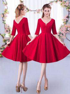 Knee Length Red Wedding Party Dress Satin Half Sleeves Ruching