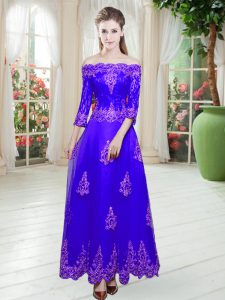 New Arrival Off The Shoulder 3 4 Length Sleeve Prom Dress Floor Length Lace Purple Tulle