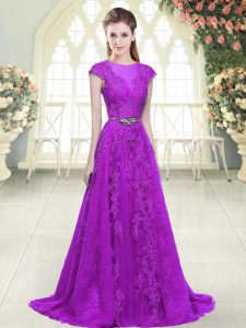 Colorful Purple Prom Party Dress Prom and Party with Lace and Appliques and Pick Ups Scoop Cap Sleeves Sweep Train Zippe