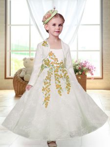 Shining White Lace Zipper Flower Girl Dress Sleeveless Ankle Length Embroidery