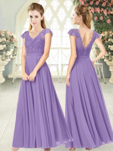 Customized Lavender Chiffon Zipper Prom Gown Cap Sleeves Ankle Length Lace