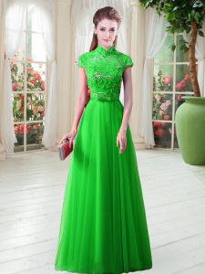 Cap Sleeves Tulle Floor Length Lace Up Prom Dress in with Appliques