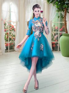 Half Sleeves High Low Appliques Zipper Prom Evening Gown with Teal