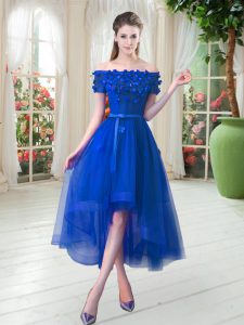 Royal Blue Lace Up Off The Shoulder Appliques Prom Evening Gown Tulle Short Sleeves