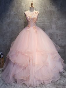 Pink Sleeveless Tulle Lace Up Sweet 16 Quinceanera Dress for Military Ball and Sweet 16 and Quinceanera