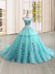 New Style Aqua Blue Ball Gown Prom Dress Scoop Cap Sleeves Brush Train Lace Up