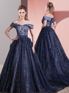 Decent Navy Blue Prom Gown Prom and Party and Military Ball with Beading Off The Shoulder Sleeveless Court Train Lace Up
