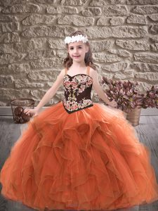 Floor Length Lace Up Kids Pageant Dress Rust Red for Party and Wedding Party with Embroidery and Ruffles