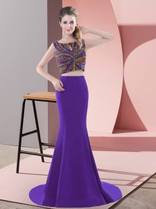 Fantastic Purple Two Pieces Satin Scoop Sleeveless Beading Backless Prom Gown Sweep Train