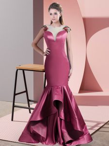 Red Sleeveless Satin Sweep Train Side Zipper Dress for Prom for Prom and Party and Military Ball