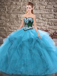 Sleeveless Floor Length Beading and Embroidery Lace Up Quinceanera Gown with Blue