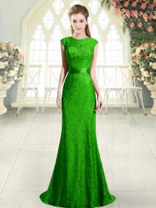 Sweet Green Cap Sleeves Sweep Train Backless Dress for Prom for Prom and Party