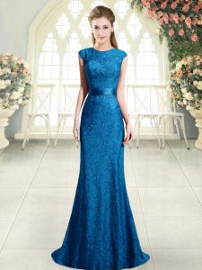 Eye-catching Blue Backless Prom Dress Beading and Lace Cap Sleeves Sweep Train