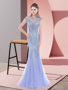Baby Blue Tulle Zipper Sleeveless Sweep Train Beading and Lace
