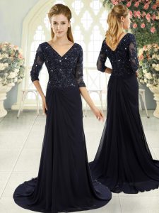 Designer Navy Blue Zipper V-neck Beading and Lace and Appliques Prom Gown Chiffon Half Sleeves Sweep Train