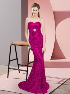 Fuchsia Column/Sheath Sweetheart Sleeveless Sequined Sweep Train Lace Up Belt Prom Gown