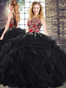 Artistic Black Ball Gown Prom Dress Sleeveless Embroidery and Ruffles