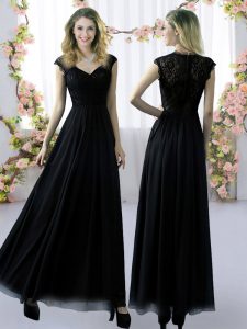 Cap Sleeves Chiffon Floor Length Zipper Dama Dress for Quinceanera in Black with Lace