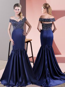 Beautiful Blue Sleeveless Satin Sweep Train Zipper Evening Dress for Prom and Party