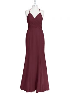 Burgundy Prom and Party and Military Ball with Ruching Spaghetti Straps Sleeveless Criss Cross