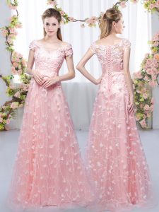 Fantastic Pink Lace Up Off The Shoulder Appliques Bridesmaids Dress Tulle Cap Sleeves